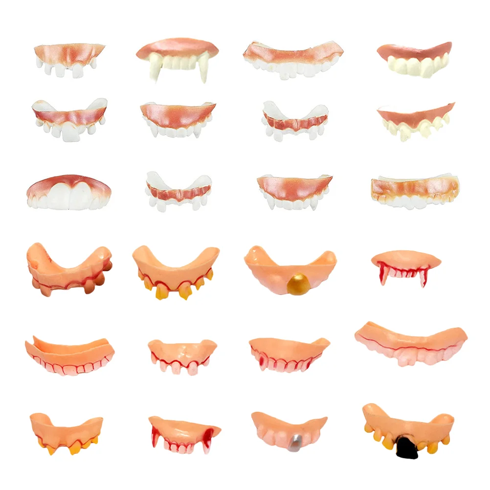 24 Pcs Fake Joke Teeth Denture Fangs Halloween Dentures Ugly Vampire Soft Rubber