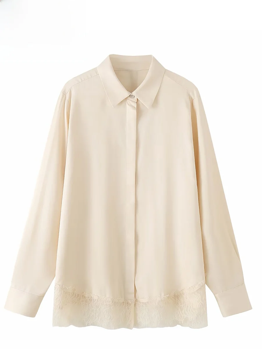 

ZARK Весенняя модная блузка с кружевными вставками из шелковистого атласа, женская, премиум-качество, длинный рукав, 100% полиэстер