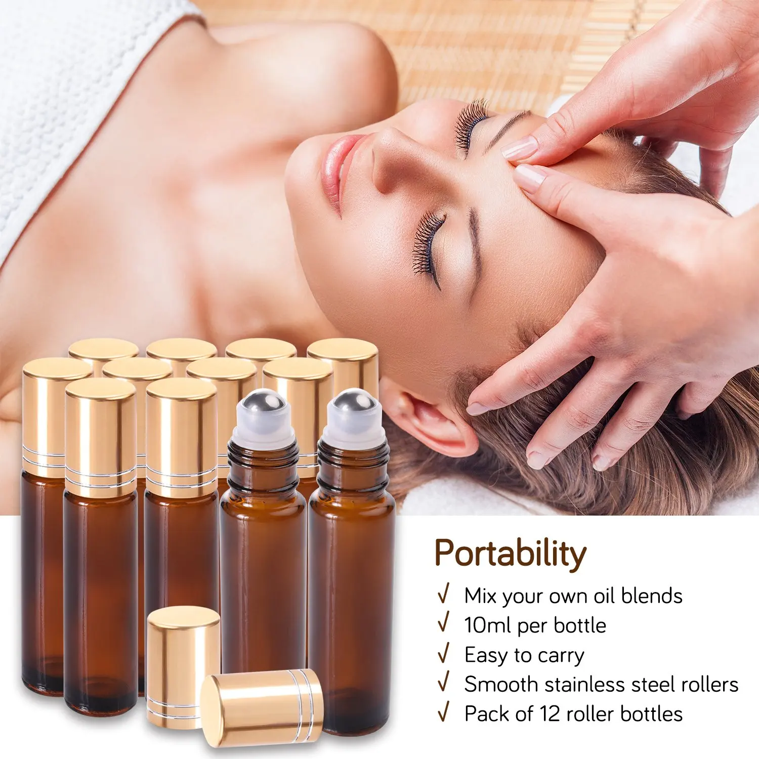 20~200PCS Roller Ball Essential Glass Oil Bottle Amber Glass Roll on Bottle Empty Perfume Refillable Bottles 5ml/10ml Travel