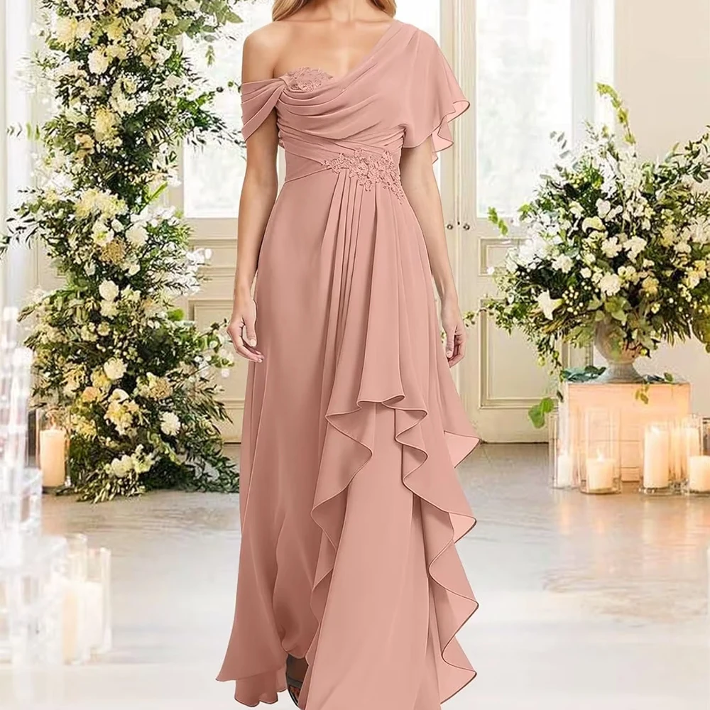 Vestidos de baile femininos personalizados, ombro de fora, vestido de dama de honra para convidados de casamento, chiffon, renda, apliques, vestidos longos de festa de casamento