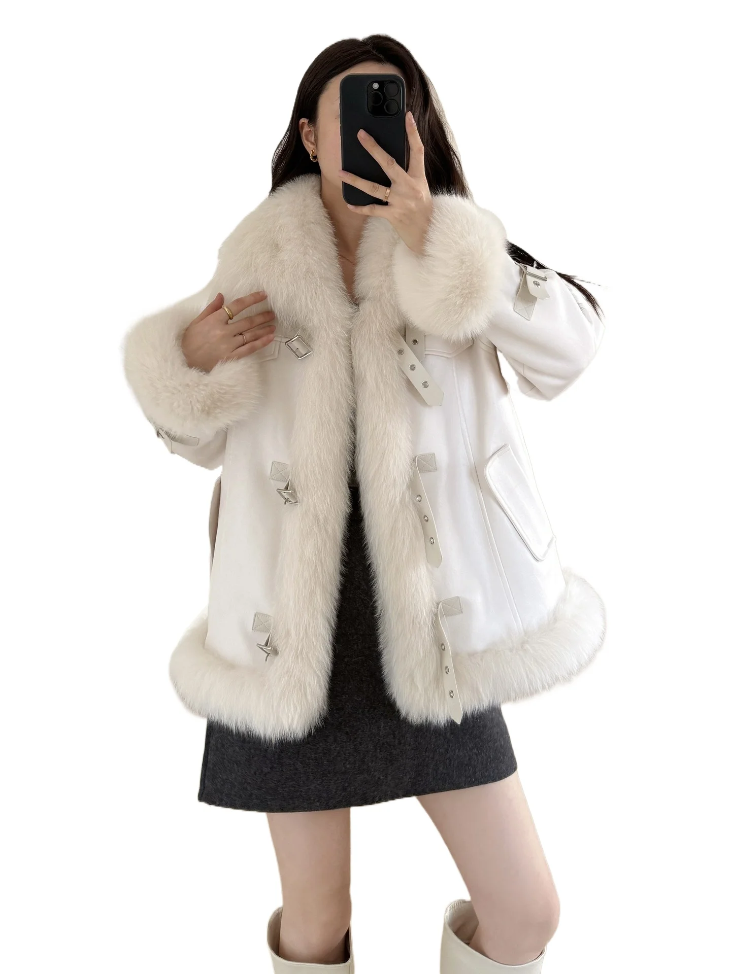 Peter street 2025 inverno nova locomotiva camurça casaco de pele de raposa feminino branco ganso para baixo jaqueta explosão