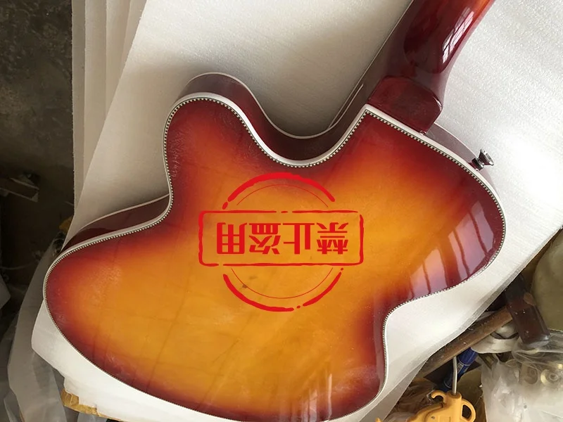 Electric Guitar with Gold Pickguard,  Cherry Burst Color, Full Hollow Body, 360  6 String Guitar, Free Shipping