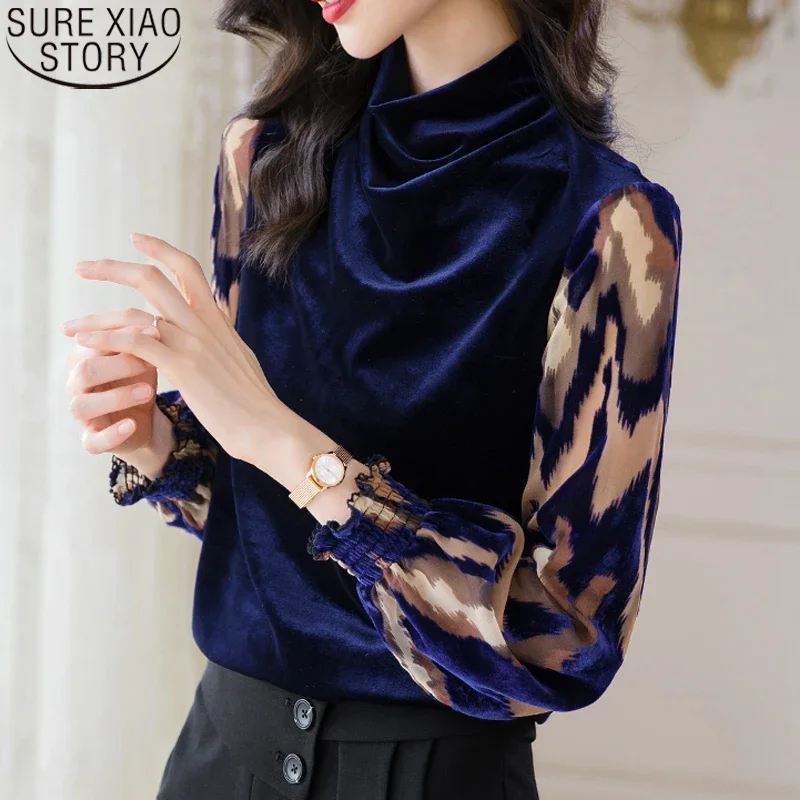 Autumn Winter 2024 New Fashion Gold Velvet Blouse Women Long Sleeve Shirt Half High Collar Flocking Bottoming Shirt Tops 18443