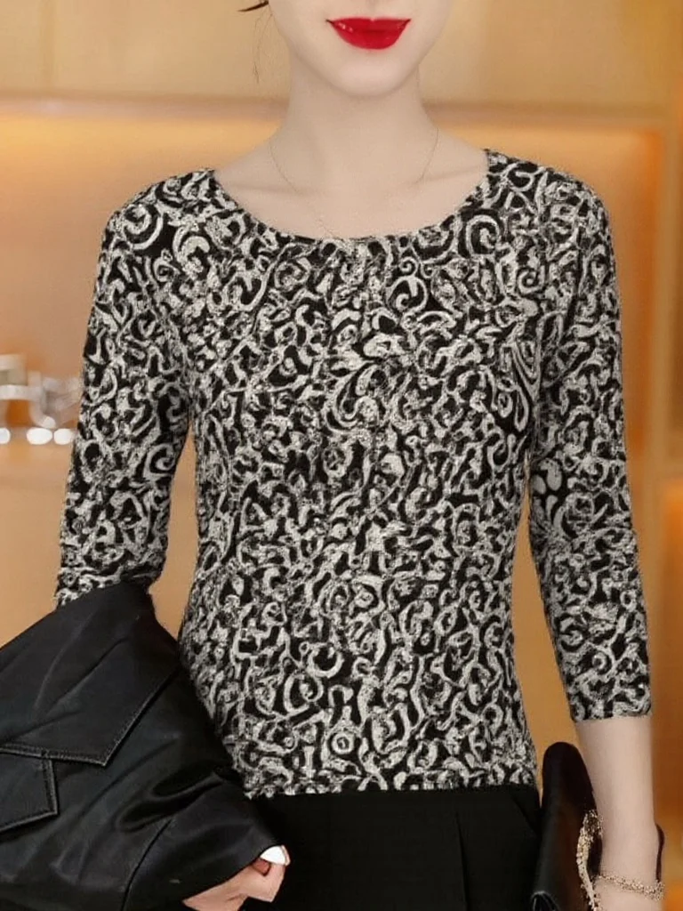 

Slimming Floral Print Long Sleeve round Neck Base Shirt for Women Casual Style Polyester Fiber Warmth Suitable for Daily Wear