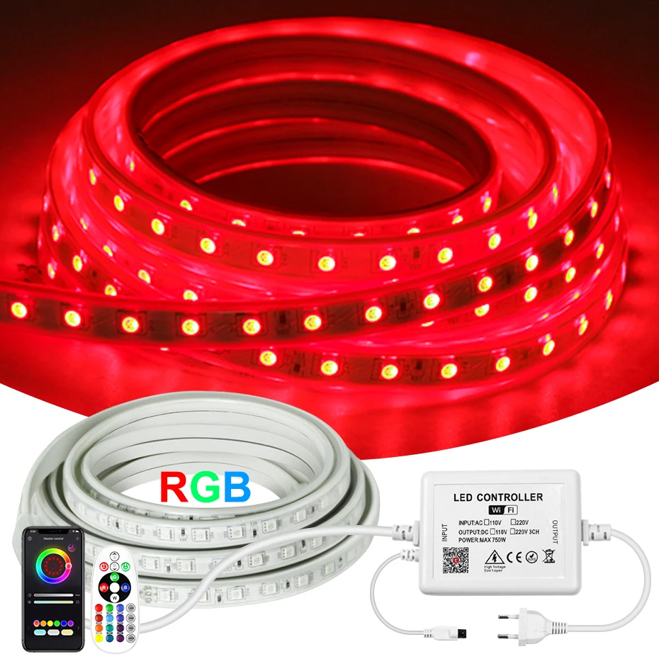 

LED Strip Light 5050 220V RGB Waterproof IP67 Flexible Tape Tuya Smart WiFi Bluetooth Remote Control for Garden