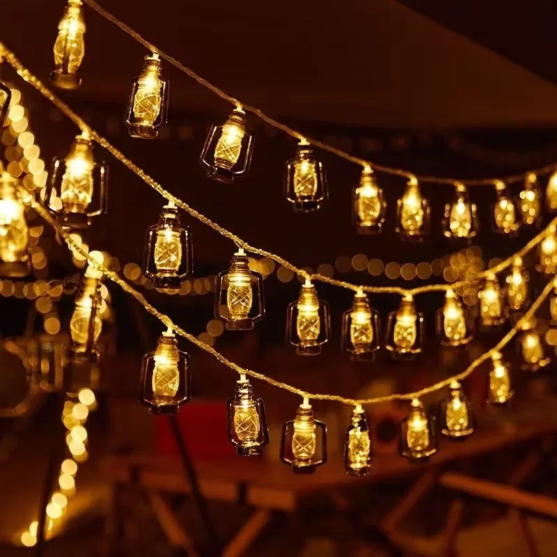 LED Solar Mini Retro Kerosene String Light Eid Mubarak Star Moon Palace Lantern Ramadan Halloween Decoration Fairy Light