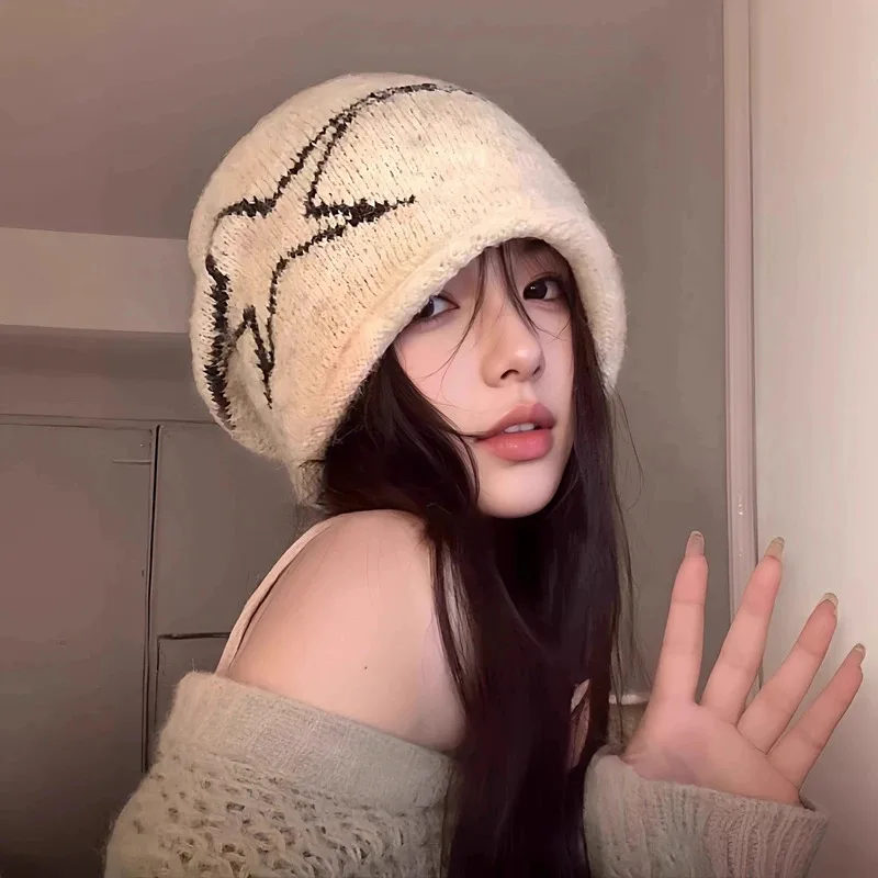 

Autumn and Winter Knitted Wool Pullover Hat with Fleece Lining Large Head Circumference Ear Protection Rolled Edge Slouchy Hat