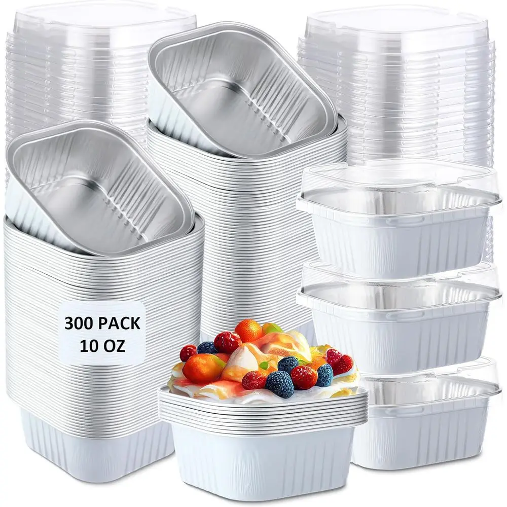 

300 Pieces 10 oz Mini Cake Pans with Lids, Disposable Cupcake Cups, Square Disposable Cupcake Cups, Wedding Birthday Party Suppl