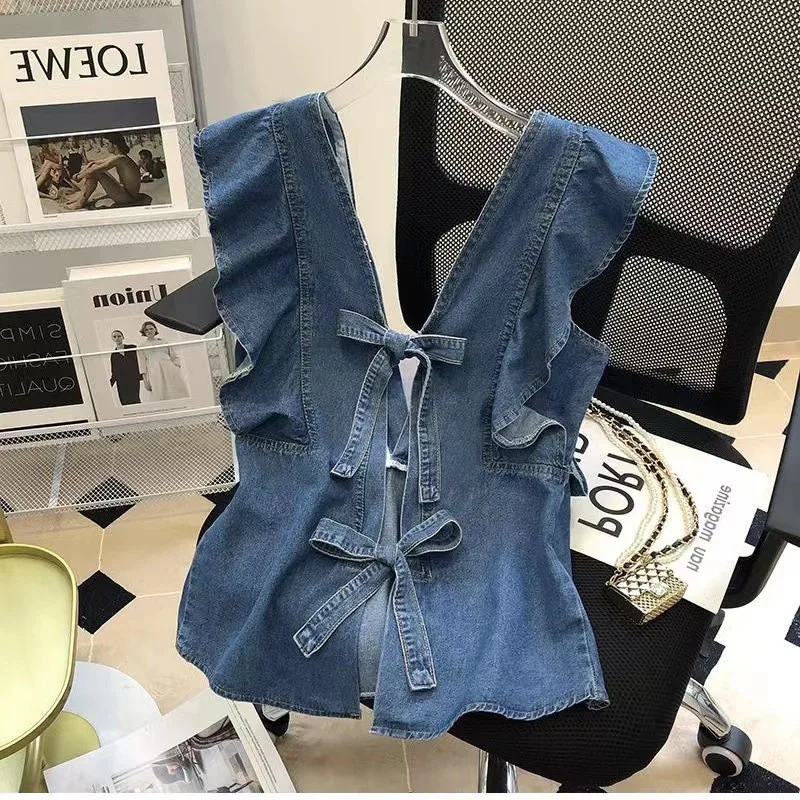 

Summer fashion Y2k vest shirt denim shirt V-neck sleeveless ruffle edge backless lace up slim fit top for women
