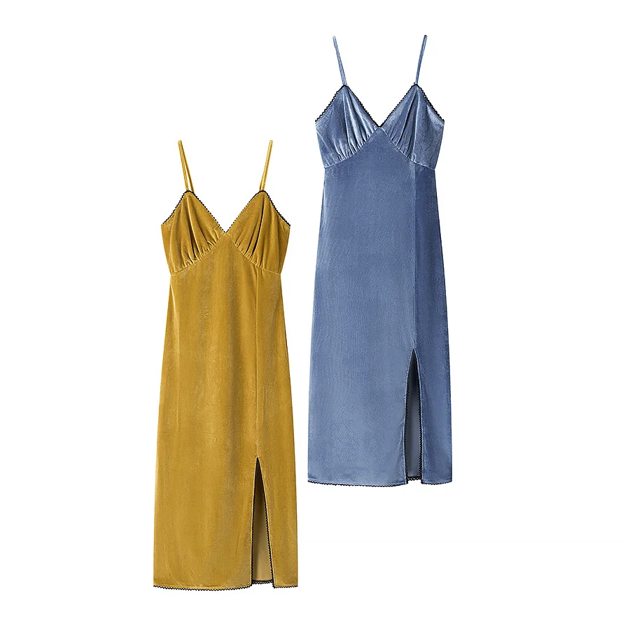 

TRAFZA Women's 2025 Sexy Fashion V-neck Velvet Backless Sling Dress Female Elegant High Waist Hem Slit Zipper Sleeveless Dress