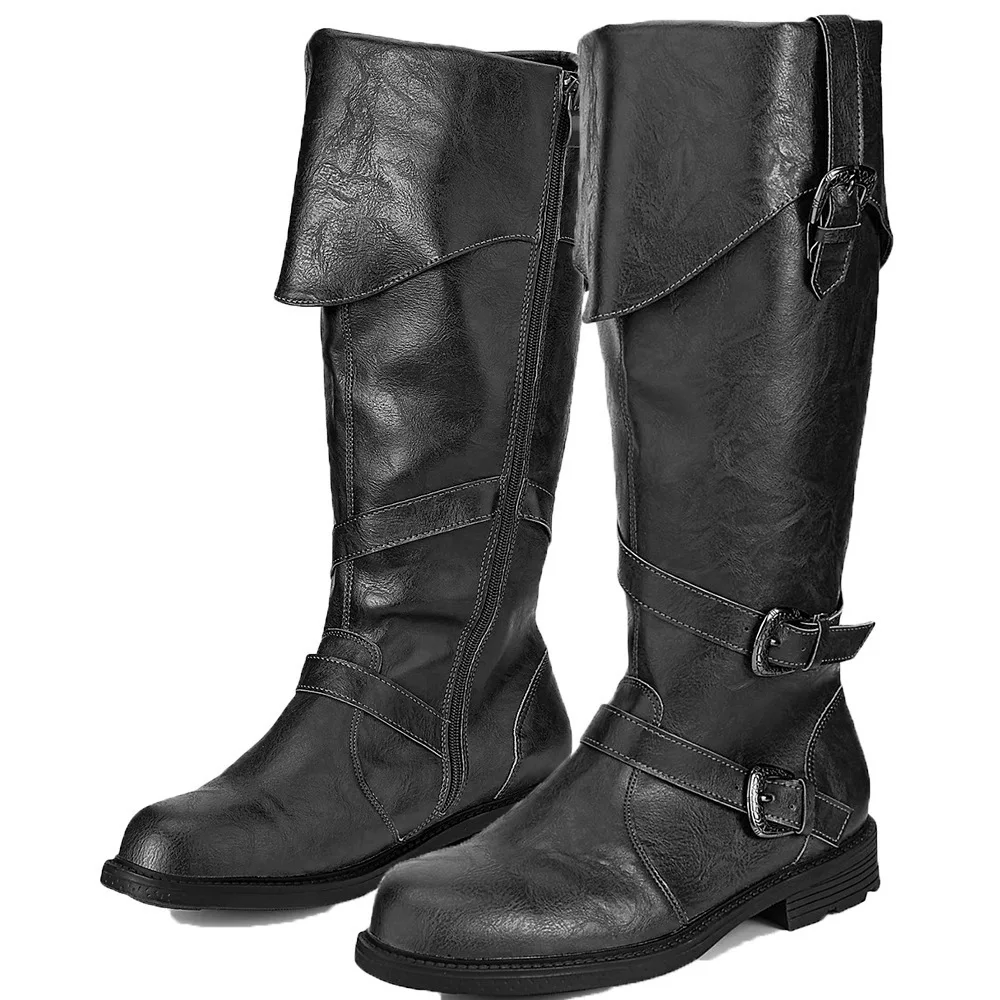 Middeleeuwse Renaissance Heren Retro Zwarte Viking Pu Leren Laarzen Mid-tube Gothic Western Cowboy Laarzen Cosplay Ridderlaarzen 2025