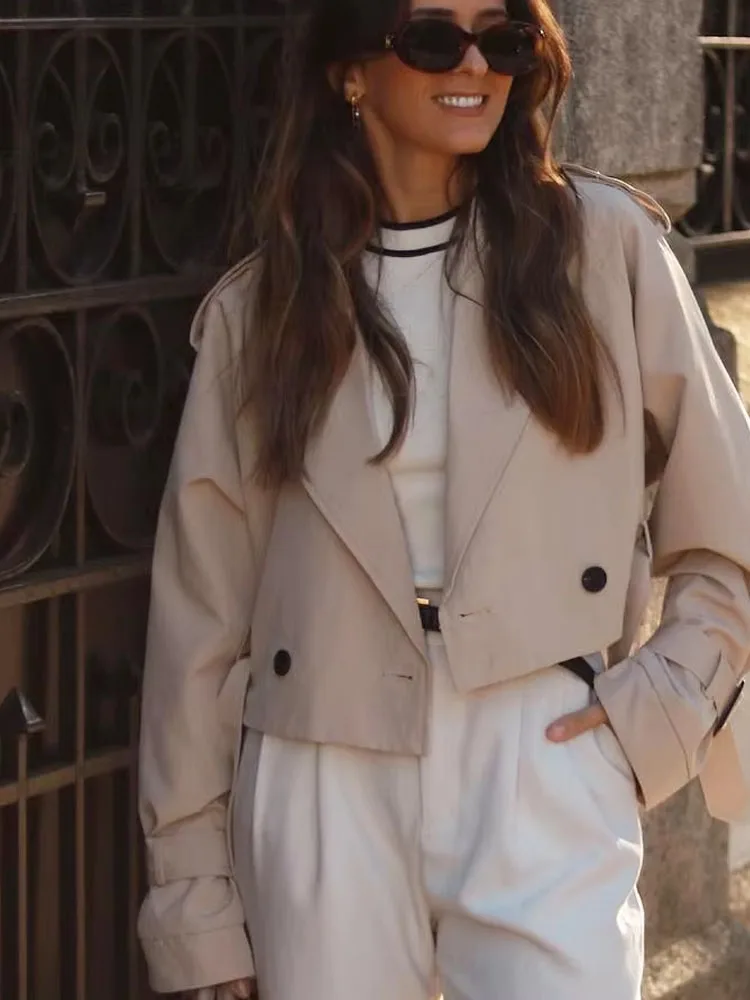 Traf-レディースkhakiクロップドコート、長袖コート、シックなトップス、女性のカジュアルウェア、ヴィンテージストリートウェア、単色、秋のファッション、2023