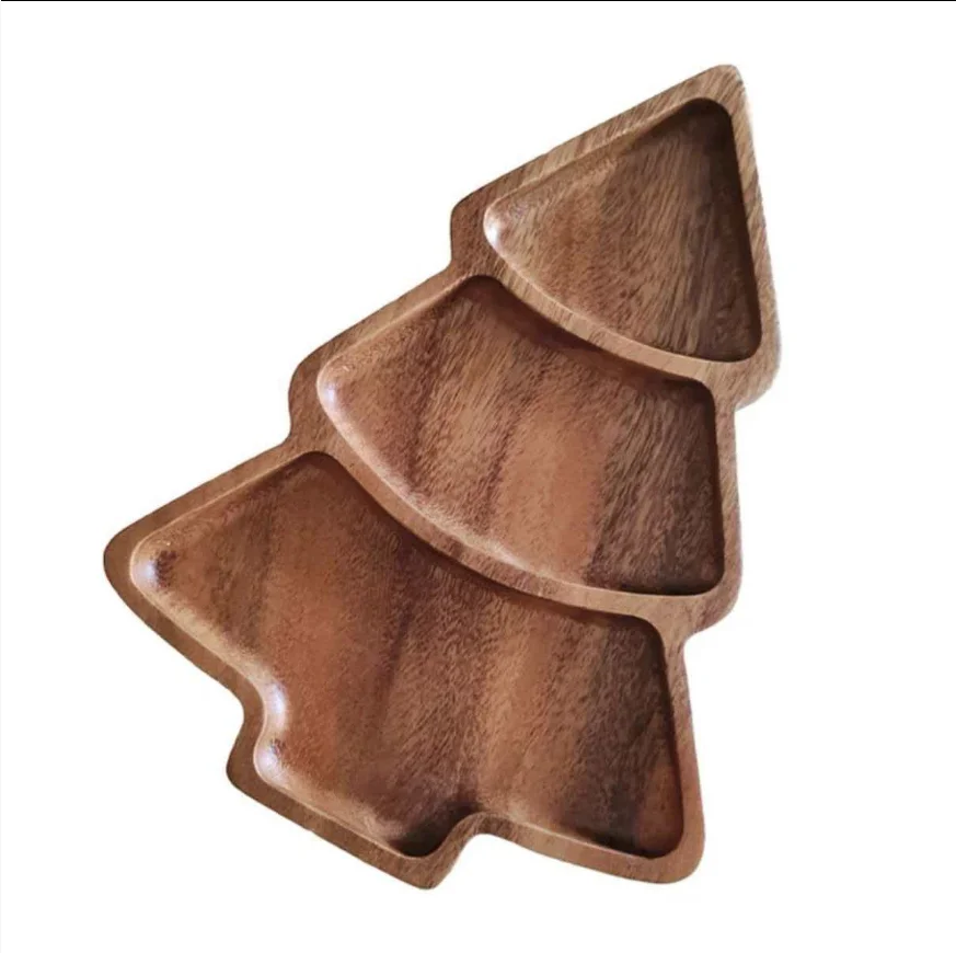 Wood Divided Xmas Serving Tray, Farmhouse Snack Tray for Nuts, Candy, Desserts, Table Decor for Gifts & Jewelry Storage