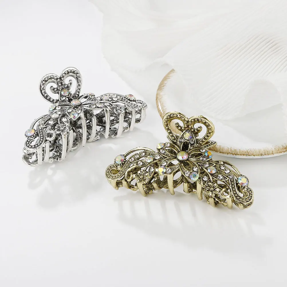 

2 шт. винтажных заколок-крабов для женщин, из сплава, со стразами, для густых волос, аксессуары для укладки, заколка-краб для повседневного использования, офиса, вечеринок