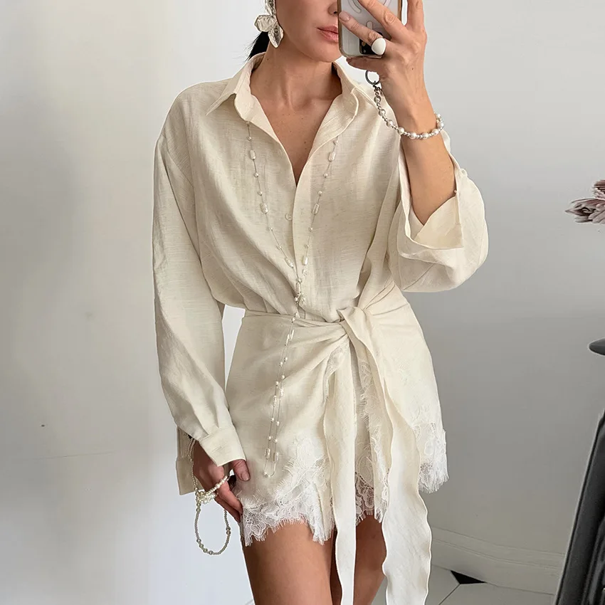 2026 Spring Summer New French Slouchy Tie Waist Lace Wrap Blouse Two Piece Set Elegant Office Work Versatile Women Fashion Daily