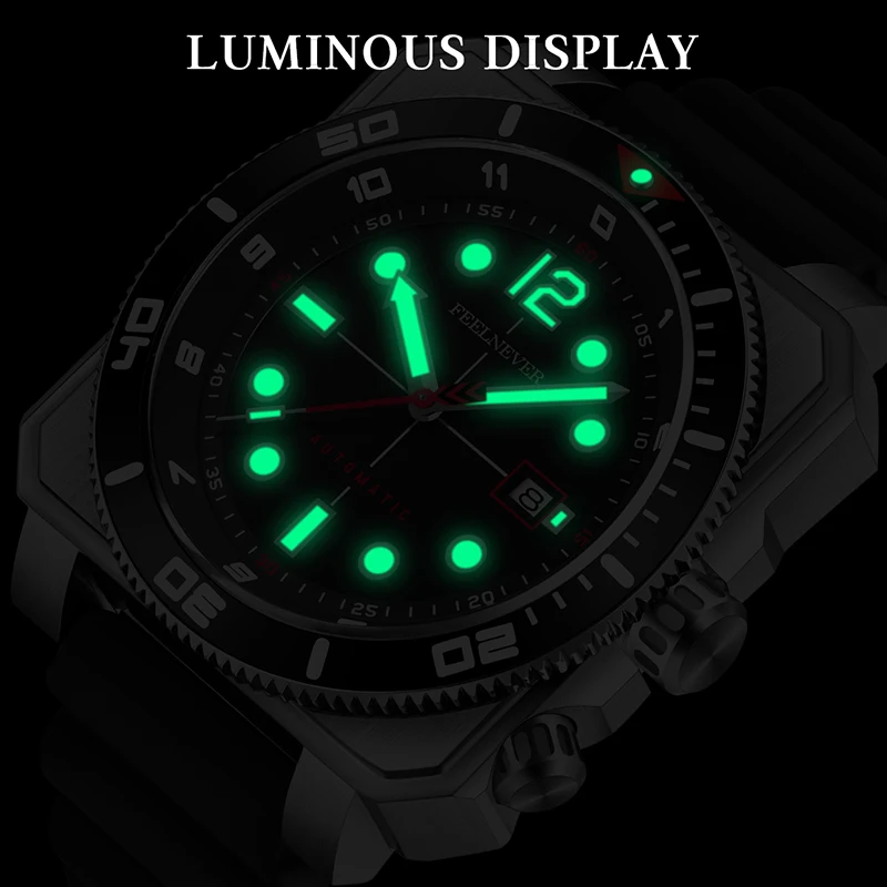 FEELNEVER Automatic Watch For Men Fashion Black Silicone Sapphire Diver Watch Men Square Luminous Men's Mechanical Wristwatches view 4