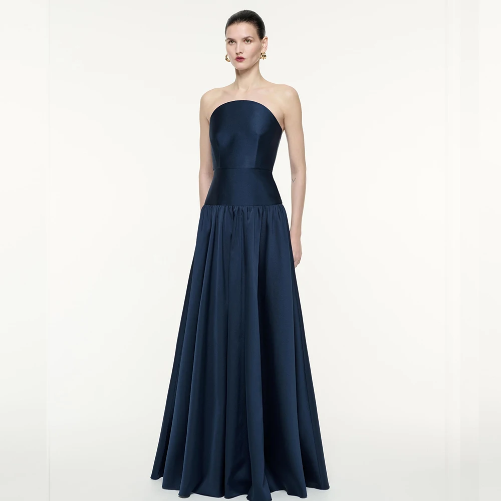 Customized Navy Blue Jersey and Satin Evening Dress with A-Line Classic and Modern Strapless Sleeveless Zipper Back Party Gowns