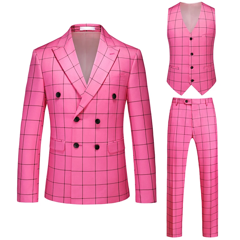 2025 패션 슬림 싱글/더블 브레스티드 웨딩 수트 (남성용), 멀티 컬러 체크 무늬 연회 남성 블레이저 세트 (3피스)