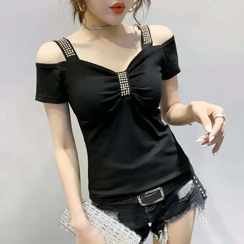 #5530 Stretch Cotton Short Off Shoulder T Shirt For Women V Neck Rivet Tight T Shirts Female Short Sleeved Slim Sexy Tops Summer