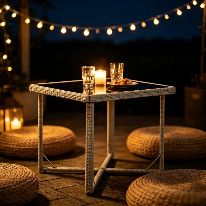 Tables de Jardin en Poly Verre et Rotin Gris pour Patio, Balcon, Cour Arrière, Terrasse - Mobilier d'Été 109x107x74cm
