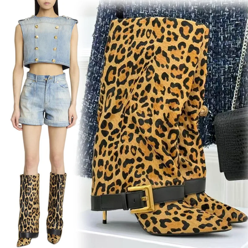 

Women's Leopard Print Suede Mid Calf Boots Fashionable Pointed Stiletto Boots with Gold Buckle Strap Bold Glamorous Footwear