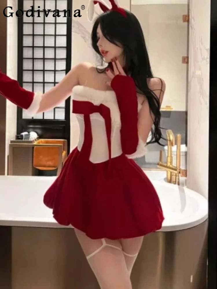 

Christmas Slash Neck Sexy Strapless Bow Cos Party Dresses Girls Fashion Versatile Age Reduction High Waist Red Princess Dress