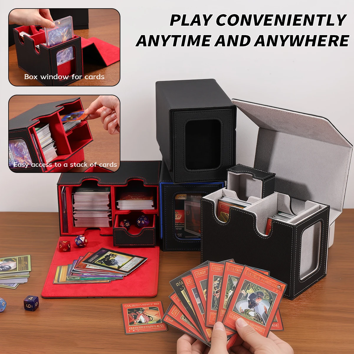 DIY,Card storage box with dice box and side window, allowing clear visibility of the internal cards. The box has multiple layers