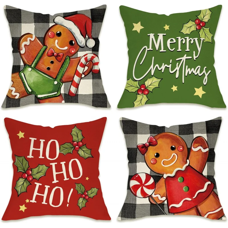 

Merry Christmas Gingerbread Man Decorative Throw Pillow Covers Set of 4, Xmas HOHOHO Winter Holiday Outdoor Buffalo Plaid