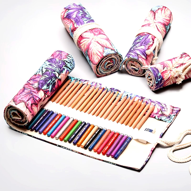 Painted Canvas Roll Pencil Case 12-72 Holes Large Capacity Pen Bag Makeup Brush Pouch Pencilcase School Stationery Supplies