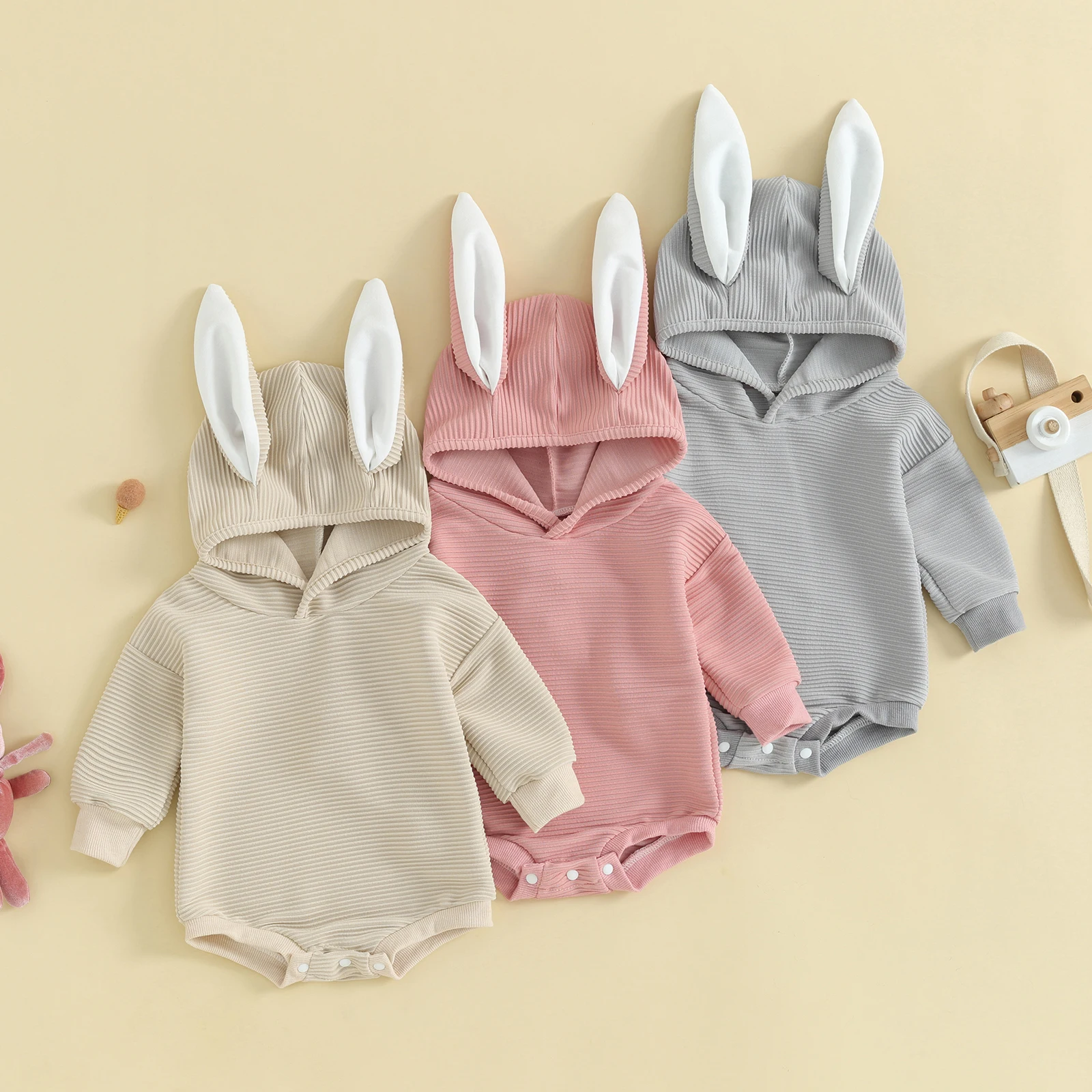 

Cute Infant Baby Hood Jumpsuit Letter&Bunny Print Long Sleeve 3D Bunny Ear Romper Easter Day Playsuits Costume