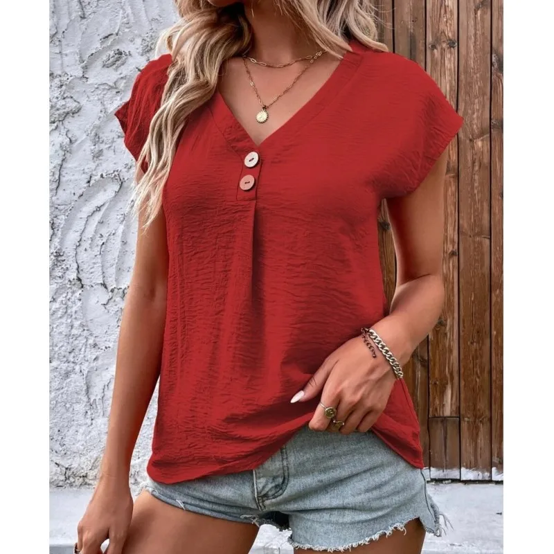 2024 Women\'s Summer Solid V-neck Button Top Bat Sleeve T-shirt Loose Comfortable Casual Shirt