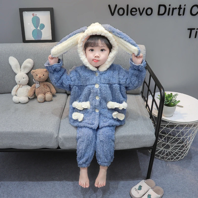 Autumn Winter Baby Girls Clothing Sets Cute Rabbit Ears Hooded Plush Coat + Pants 2Pcs Outfits Kids Pyjamas Suit 2 3 4 5 6 Years