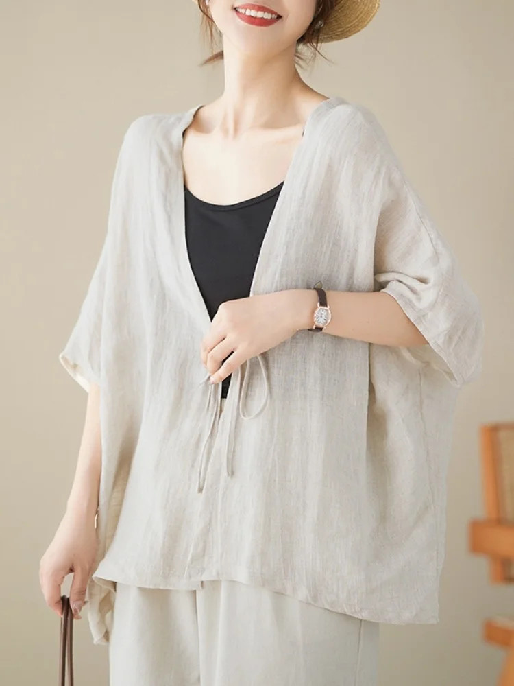 

Linen Blend Summer Thin Batwing Sve Open Cardigan Women's Sle Sun Protection V Ne Tie Waist Casual Slimming Top