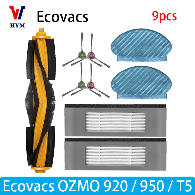 Accessoires voor Ecovacs Debot OZMO T5 / 920 / 950: hoofdborstel, zijborstel, waterreservoir, wielen, filter, dweil, reserveonderdelen voor stofzuiger.