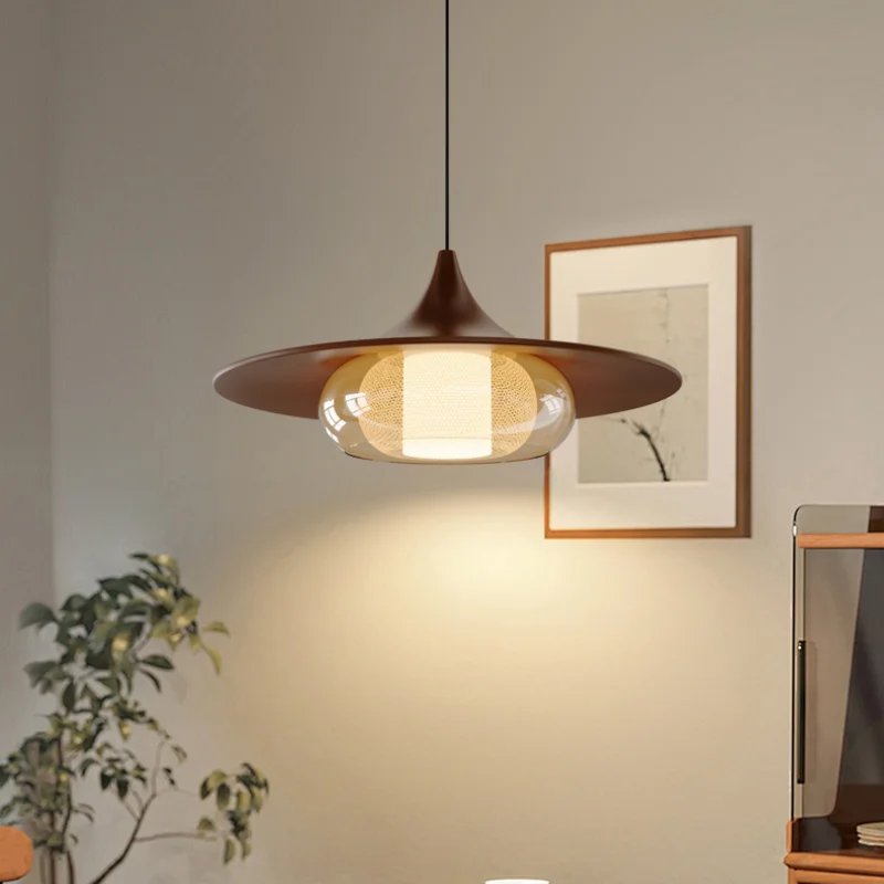 Mid ancient style UFO restaurant pendant lamp walnut color French retro dining room dining table bar swing arm hanging line lamp