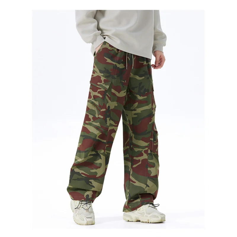 QICHE 2026 Men Outdoor Hiking Camo Wide Leg Cargo Pants Multi‑Pocket Loose Straight Casual Trousers For Autumn