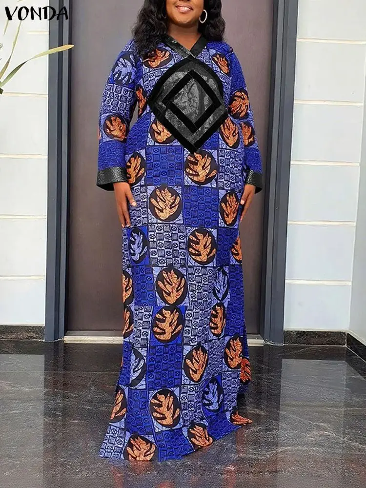 Vonda plus size 5xl vintage impressão vestidos femininos manga longa casual boêmio maxi vestido de verão moda com decote em v oversized festa robe