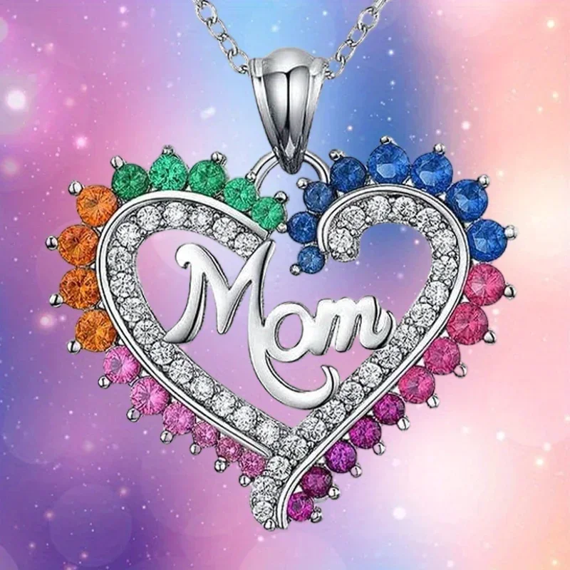 FashionColorful Rhinestone Heart-shaped Mom Pendant Necklace, Mother's Day Gifts, Daily JewelryAnniversary Party Gifts,  Niche S