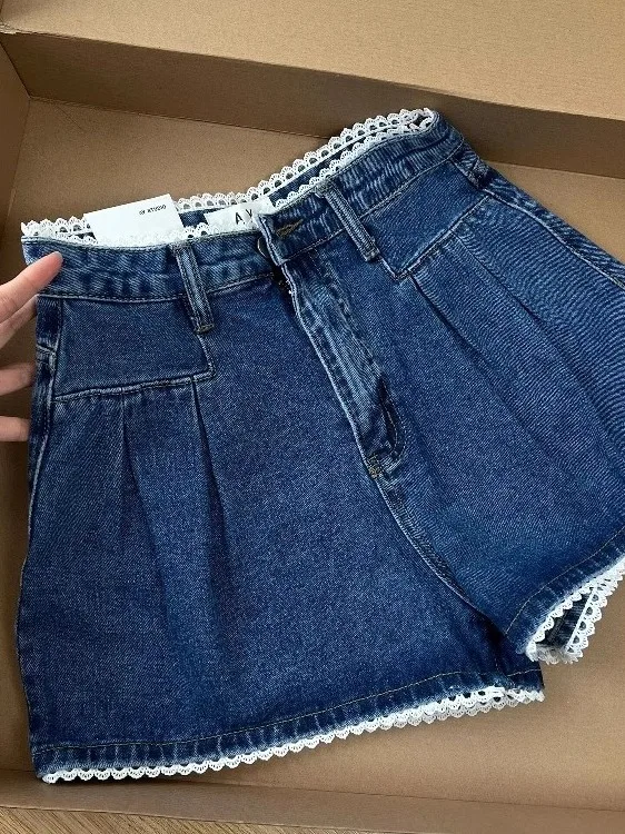 

Женские джинсовые брюки трапециевидной формы с кружевной отделкой и высокой талией, лето 202, новые универсальные широкие шорты в Корейском стиле