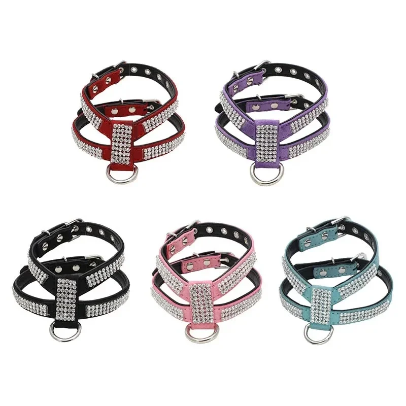 Adjustable Dog Collar with Rhinestone, Chest Strap, Pet Products, Necklace, Harness, Quick Release, Bling, K-shaped, PU