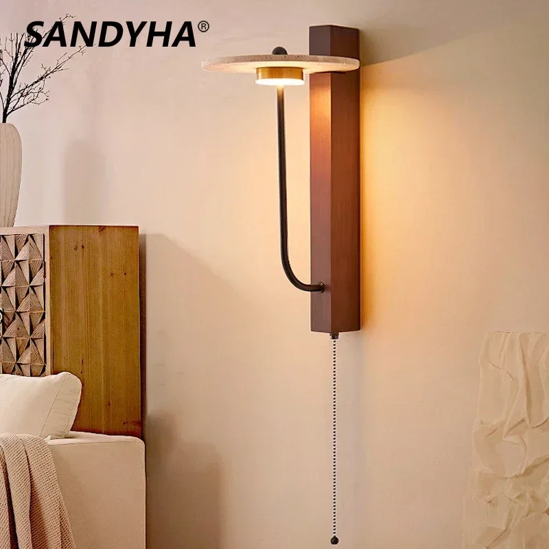 SANDYHA Nordic Retro Walnut Design Lâmpada de Parede LED Light Made Disponível para Sala de estar Quarto Decoração Estudo Luminárias