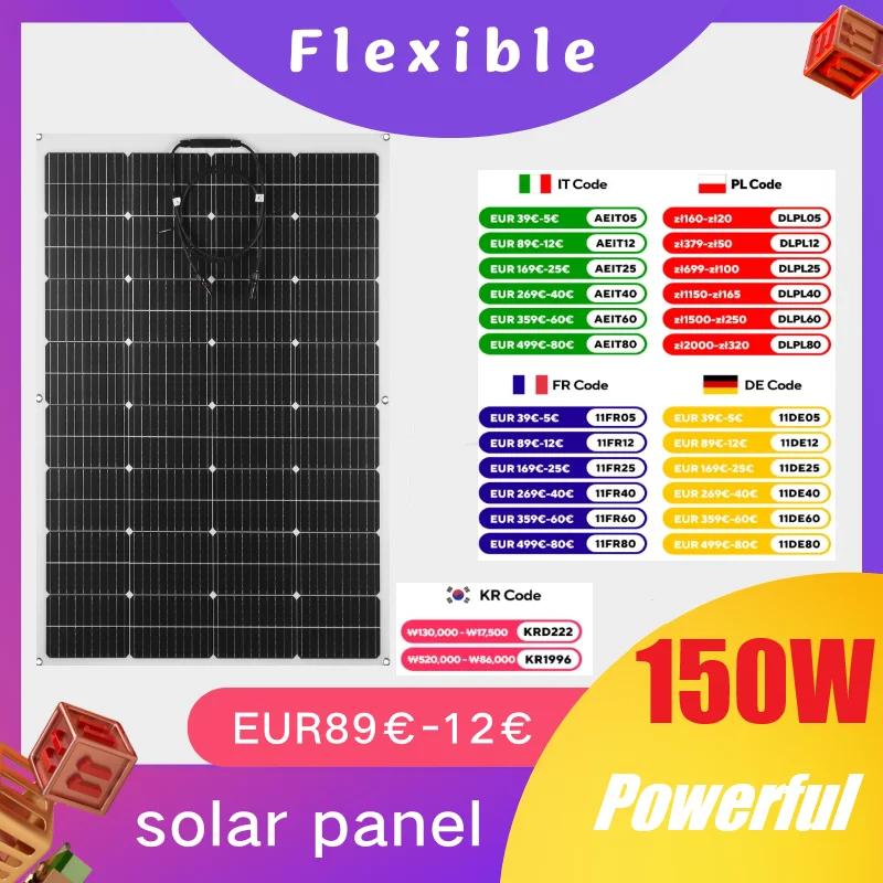 PowMr Powerful 150W Flexible Solar Panels 12V 18V Solar Cells Off-Grid 12V/24V System Solar Power PV Panel for Car RV Camping