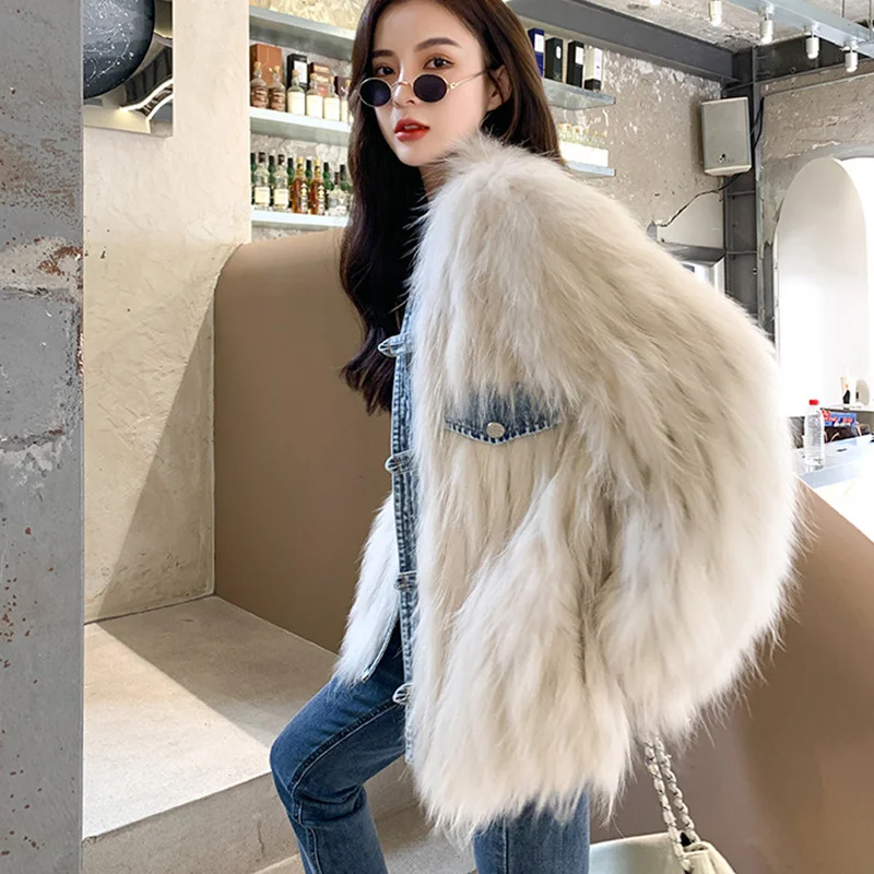 Winter frauen Fur Fashion Mantel Denim Nähen Echt Fuchs Waschbär Hund Pelz Medium und Lange Einreiher Geflochtene Jacke frauen