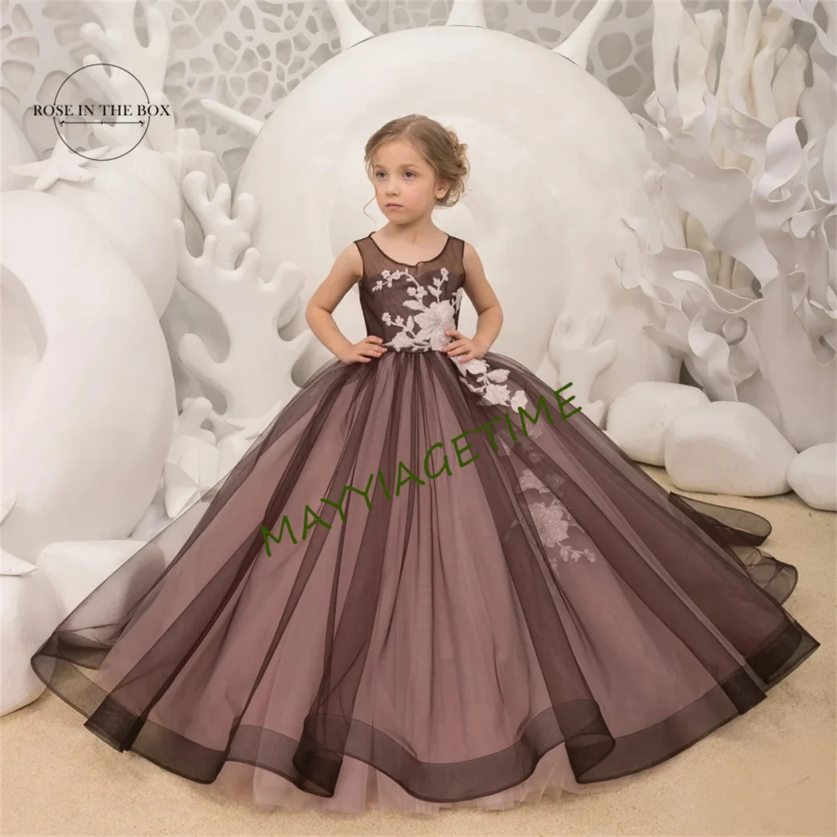 Black Tulle Princess Flower Girl Dresses For Wedding 2024 Elegant Applique Button Back Pageant Ball Gown For Photoshoot Birthday