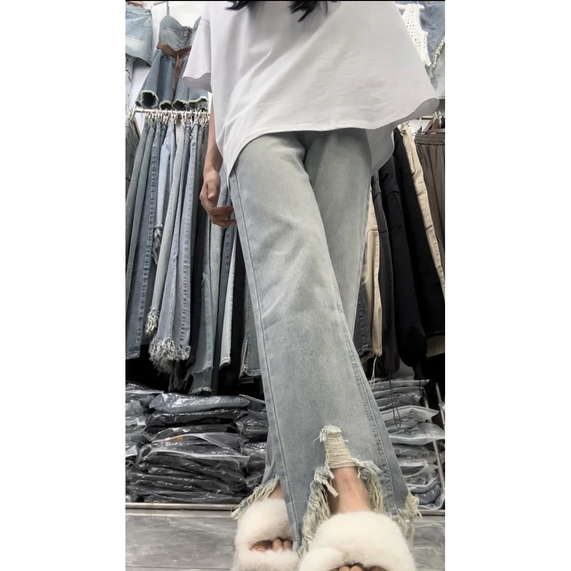 Ropa de otoño para mujer, pantalones vaqueros azules anchos de Corea, ropa de mujer de talla grande, ropa de calle holgada Y2K, moda Vintage, corte de pierna de gran tamaño