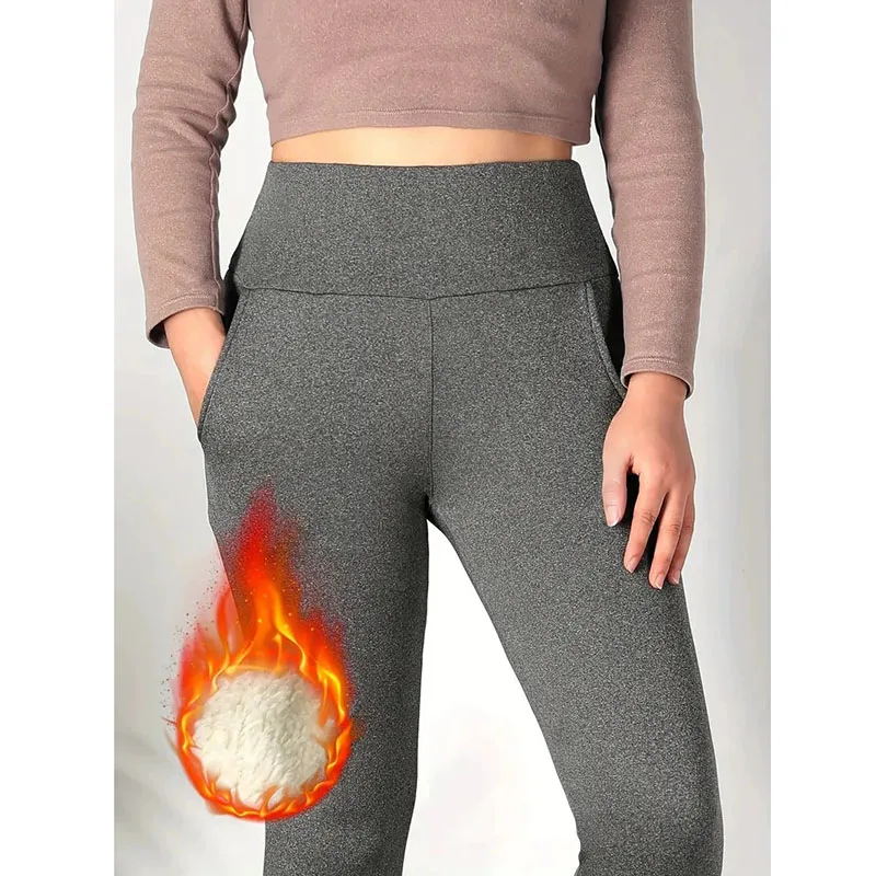 الداخلية تقليد الحملان الكشمير طماق النساء الشتاء سميكة الدافئة زائد المخملية مع جيوب الجوارب عالية الخصر سليم تمتد يغطي الرجل #4