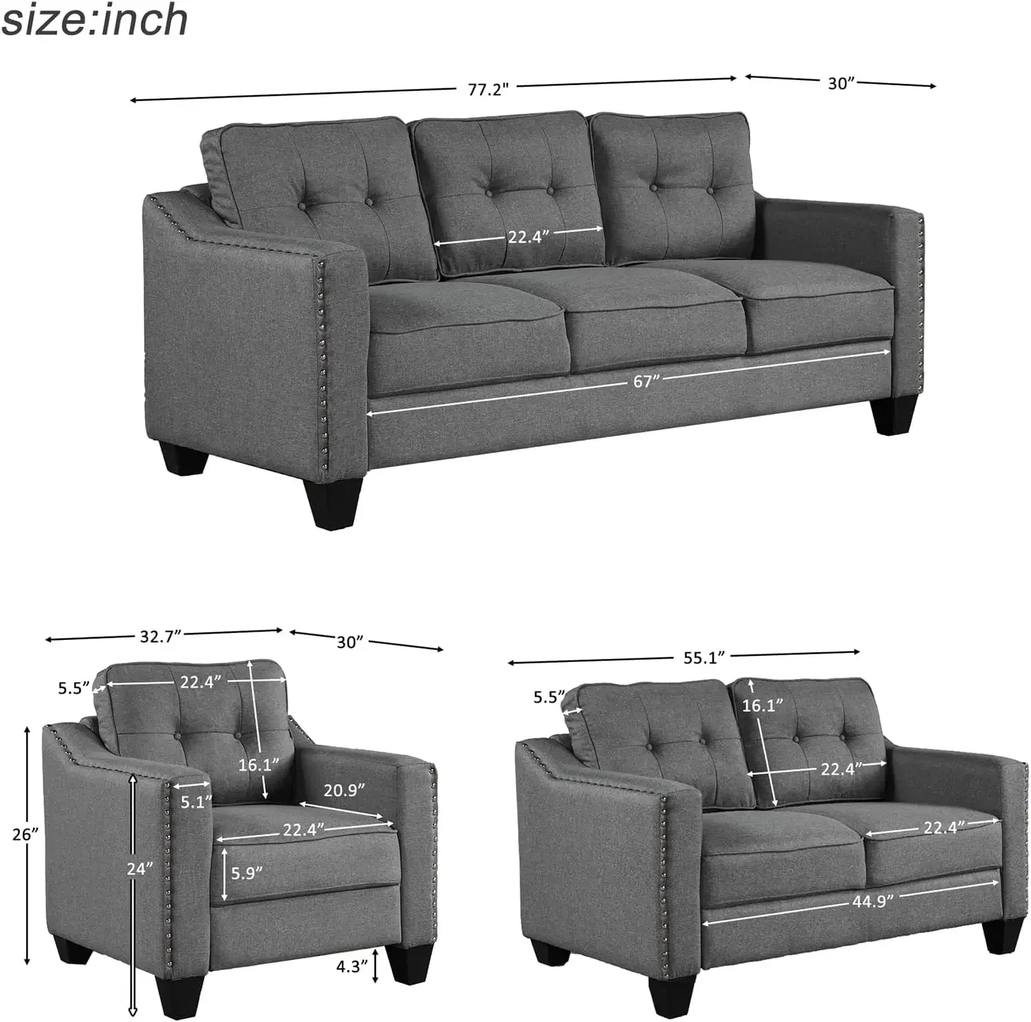 3 Piece Living Room Furniture Sets, Modern Polyester Blend High Pillow Back Sectional Couch Set