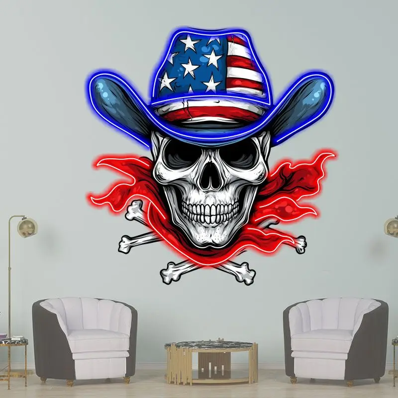 Skull In American Flag Costume Neon Sign, Creative Wall Hanging Neon Light, Whimsical Gift, Halloween Decor