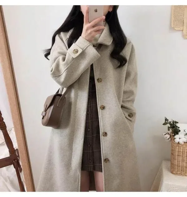 

Autumn Winter Women Faux Woolen Coat Fashion Korean Oversized Midi Thicke Jacket Harajuku Solid Elegant All Match Blends Outwear