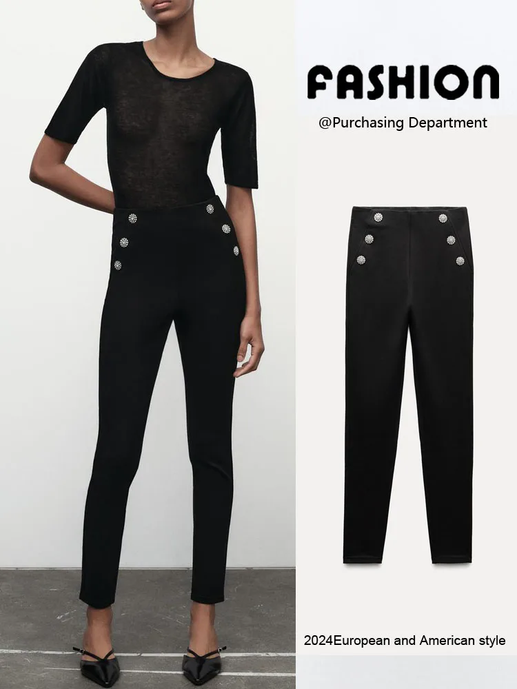 Calças fenas casuais com joias, elásticas, crimento longo, nove peças, material 00%, outono 2024